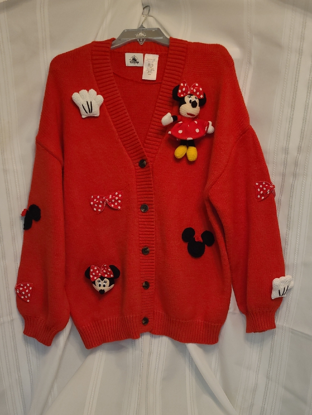 Disney Parks Minnie Mouse Red Knit Appliqué Oversized Cardigan - Size Large EUC
